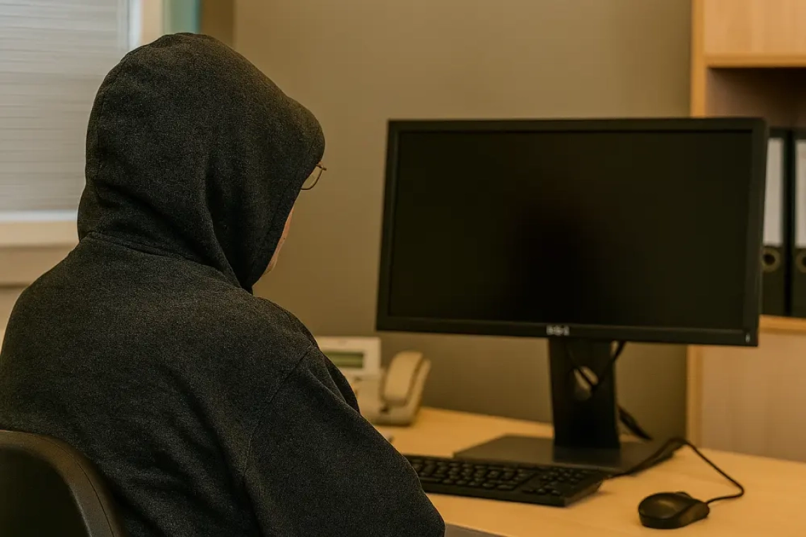 Man in donkere hoodie zit achter een computer in een Volendams kantoor, met uitgeschakeld scherm en neutrale kantooromgeving, als visuele metafoor voor een ransomware-aanval